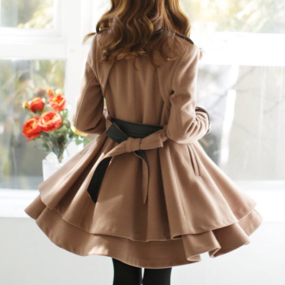 Layered-Hem Double-Breasted Winter Trench Coat from YesStyle Camel Brown Size S - Picture 2 of 10